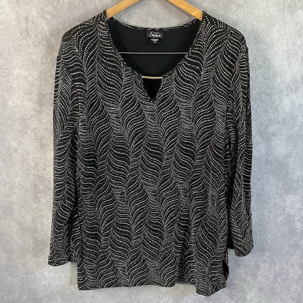 Simply Emma Blouse Womens 1X Black Gold Metallic Wavy Dot V-Neck Top U22790U-CL